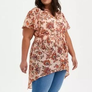 Torrid Lexie Babydoll Chiffon Tunic Hi Low Hem Pearl Floral Size 2X